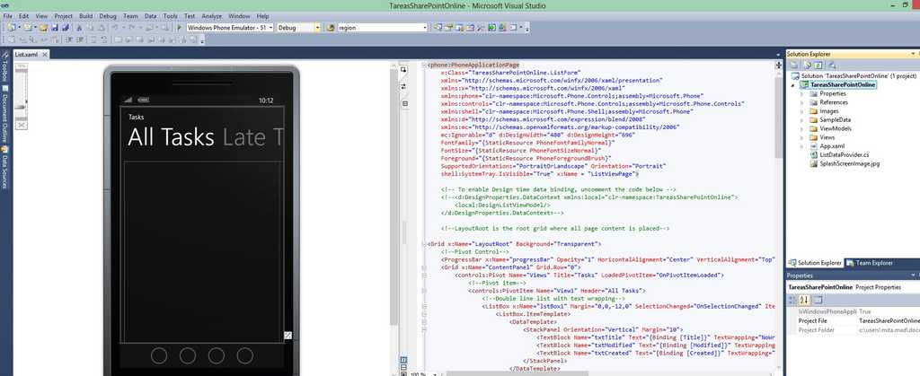 Vista del proyecto de Visual Studio.