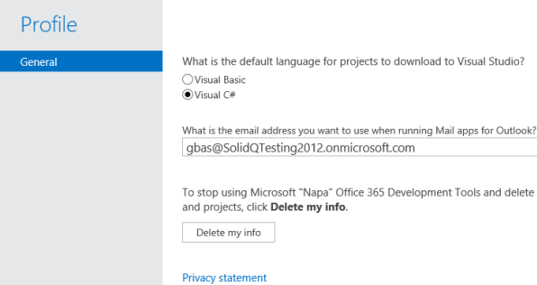 Pantalla de perfil de desarrollo