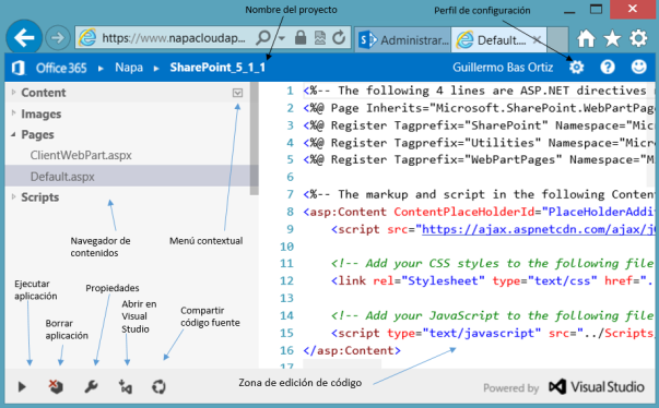 La interfaz de Napa etiquetada parte por parte