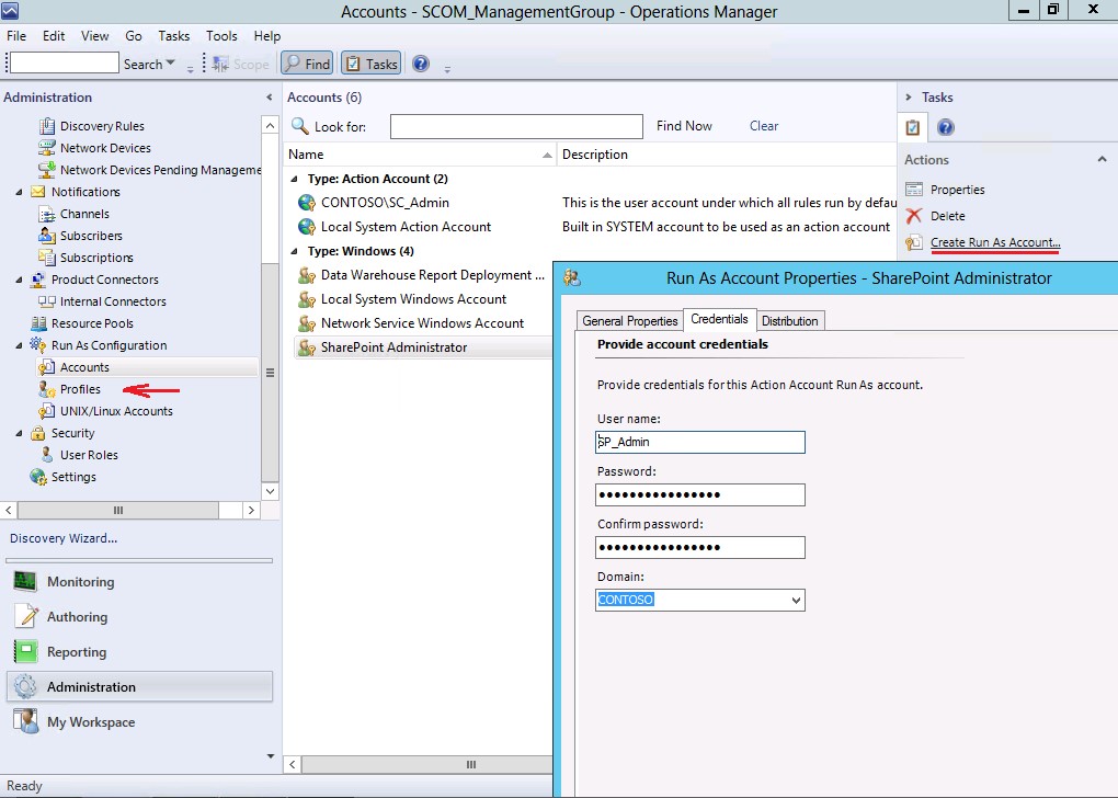 Creación de la cuenta de ejecución para los monitores de SharePoint