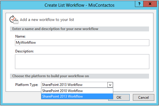 Imagen 4.- Creando un flujo de trabajo en SharePoint Designer con los dos motores de flujos disponibles.