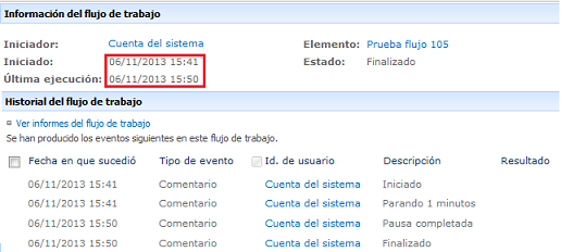 Imagen 6.-  Instancia de flujo 105 en ser procesado después de casi 10 minutos