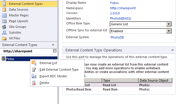 Imagen 7.- Exportando el modelo BCS desde SharePoint Designer.
