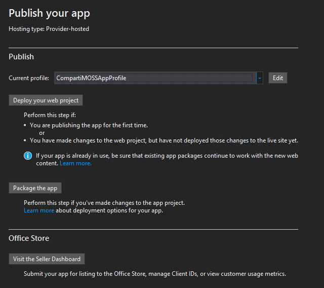 Imagen 12.- Administrador de publicación para una aplicación “Hospedada por el proveedor”.