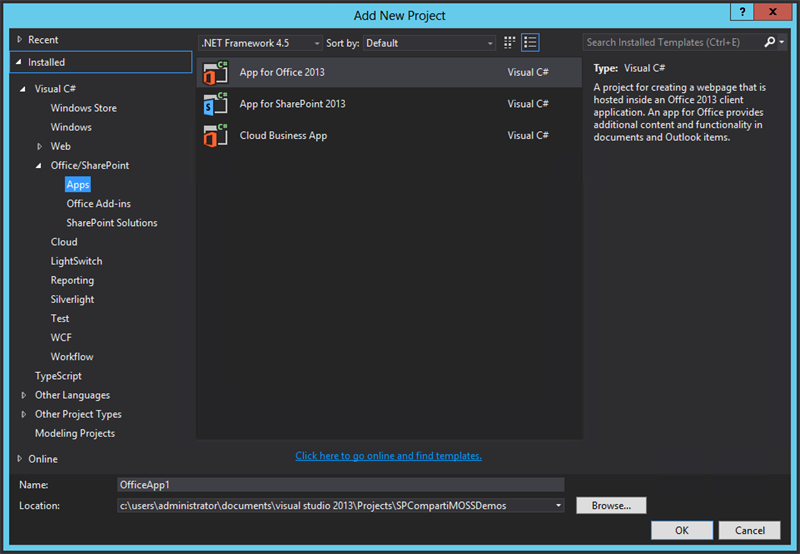 Imagen 3.- Plantillas disponibles para crear Apps para SharePoint