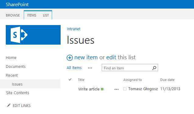 Imagen 1.- Lista de SharePoint simple con temas asignados