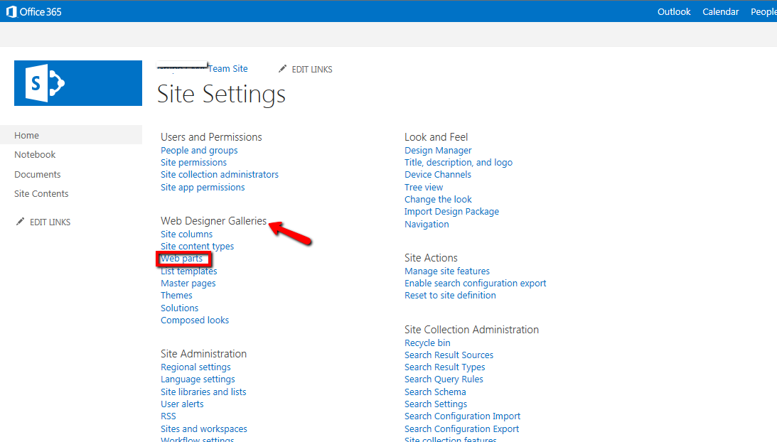 Imagen 1.- Acceso a la galería de WebParts