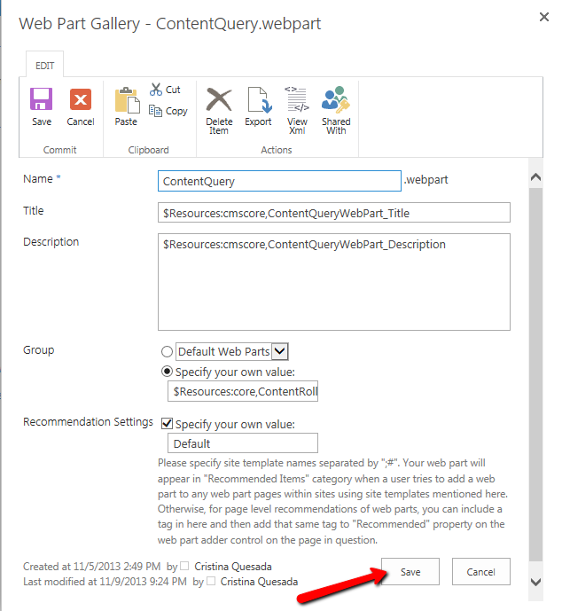Imagen 6.- Detalle de carga de la WebPart en la galería de WebParts