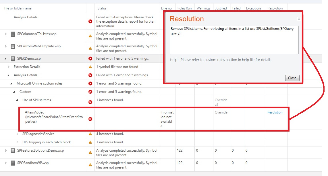 Imagen 5.- Ejemplo de error encontrado por MSOCAF y su solución.