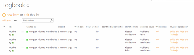 Imagen 27.- Elementos creados en la lista “Logbook” para probar el flujo.