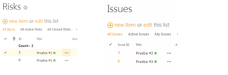 Imagen 35.- Visualización del resultado de ejecución del flujo en las listas “Risks” e “Issues”.