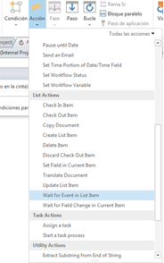 Imagen 4.- Acciones por defecto disponibles en SharePoint Designer 2013.