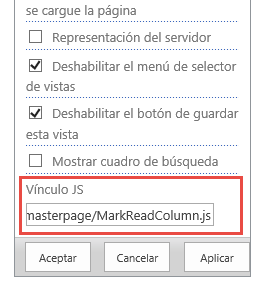 Imagen 3.- Propiedad de Web Part para añadir el Vínculo al fichero JavaScript.
