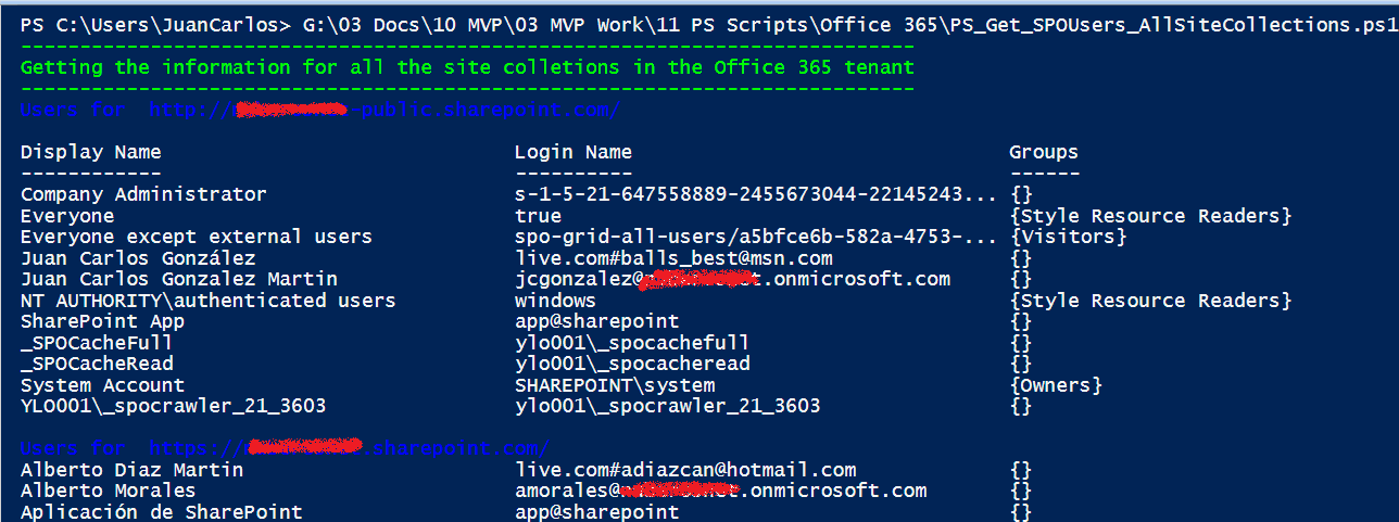 Imagen 3.- Listado de usuarios por colección de sitios en un tenant de SharePoint Online.