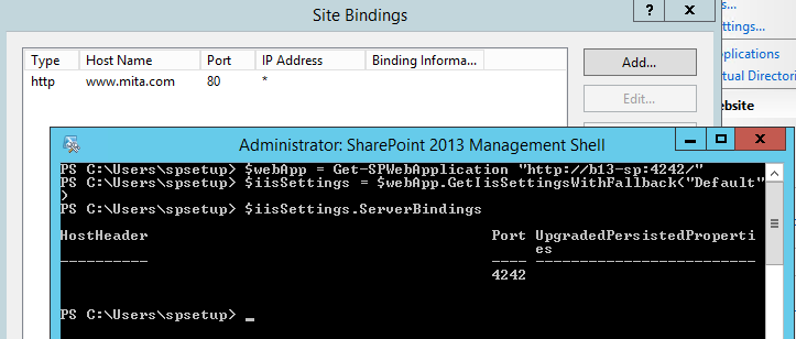 Imagen 4.- Por mucho que cambie el host header y puerto a mano, SharePoint no almacena ese cambio internamente.
