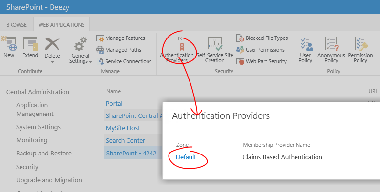 Imagen 8.- Debemos cambiar las opciones de autenticación en la Administración Central y nunca en el IIS.