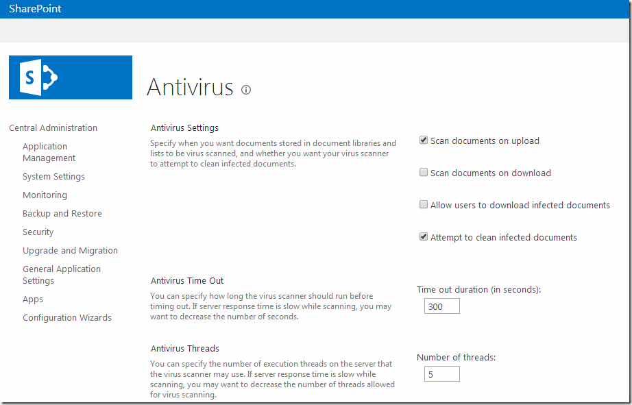 Imagen 9.- Pantalla de configuración de la acción de los antivirus “for SharePoint” en la Granja.