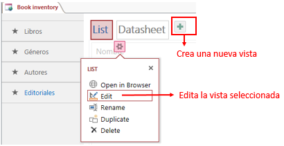 Imagen 14.-Acceso a la edición / creación de vistas de una tabla existente.
