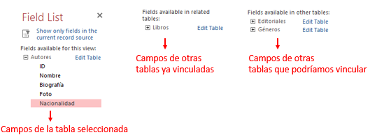 Imagen 15.-Listados de campos de las diversas tablas con los que podemos construir las vistas.