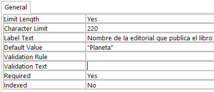 Imagen 6.- Tabla de configuración del campo para un tipo Short Text.