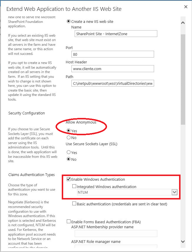 Imagen 4.- Configuración de la aplicación web extendida.