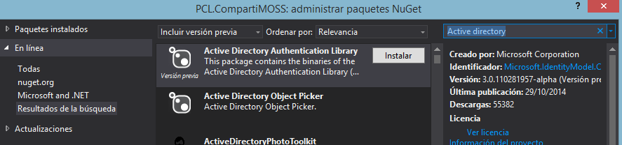 Imagen 11.- Instalación Paquete ADAL en NuGet.