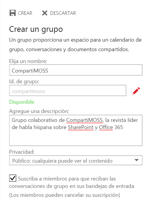 Imagen 2.- Panel de creación de un nuevo Grupo de Office 365.