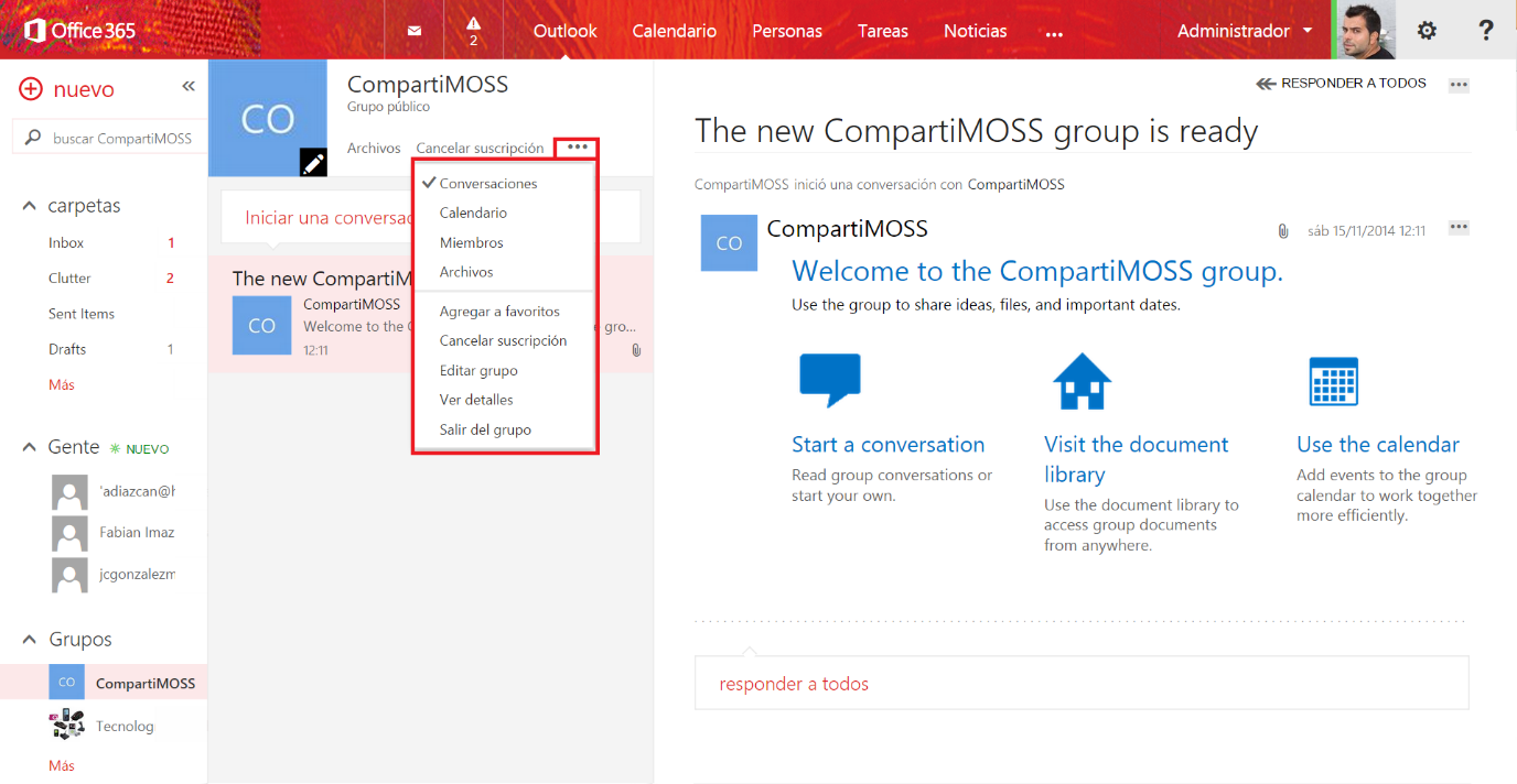 Imagen 5.- Página de bienvenida de un Grupo y opciones de administración