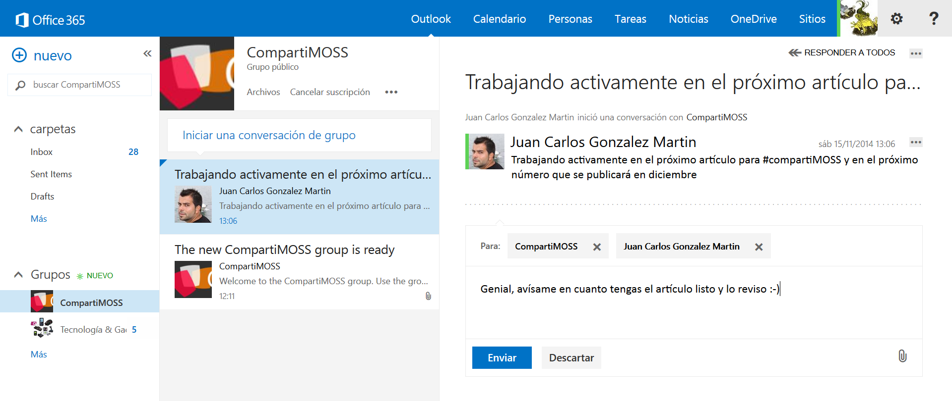 Imagen 6.- Ejemplo de conversación en un Grupo y experiencia de usuario en la respuesta.