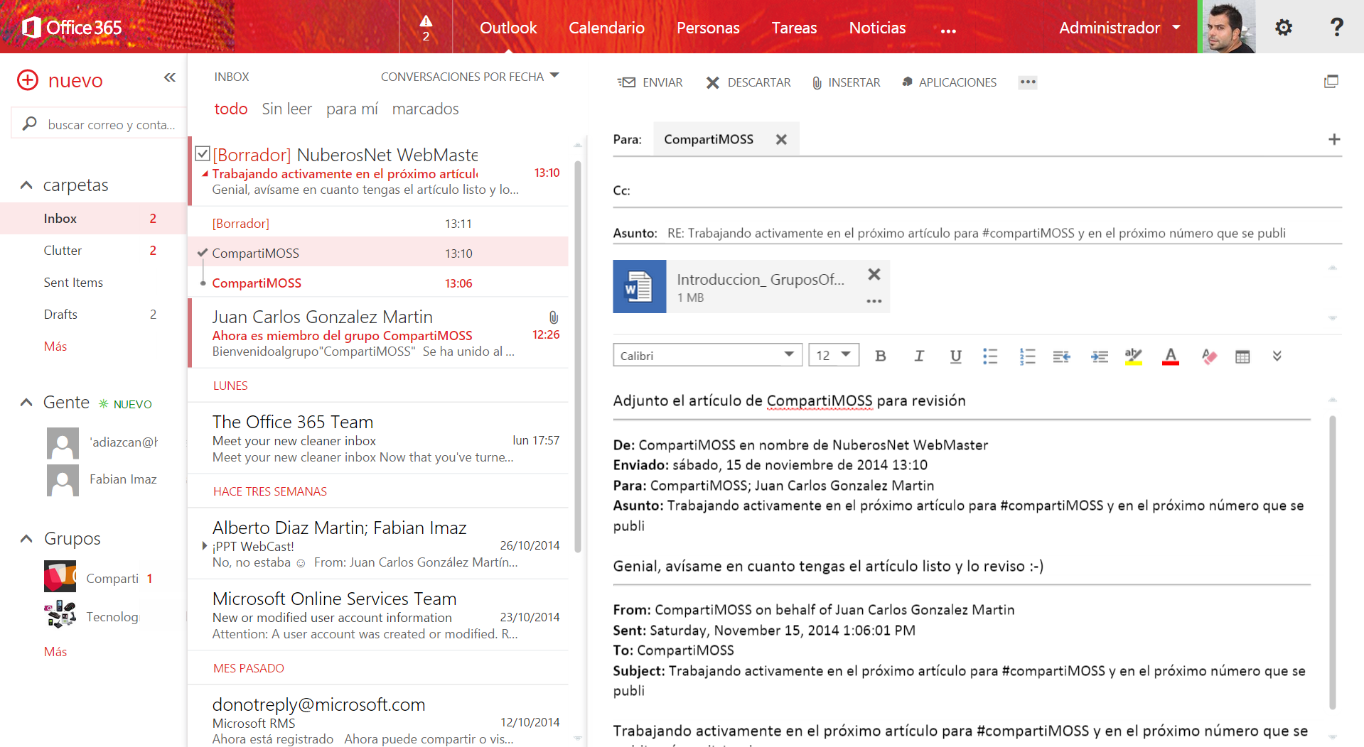 Imagen 6.- Ejemplo de respuesta a una conversación del Grupo vía correo electrónico.