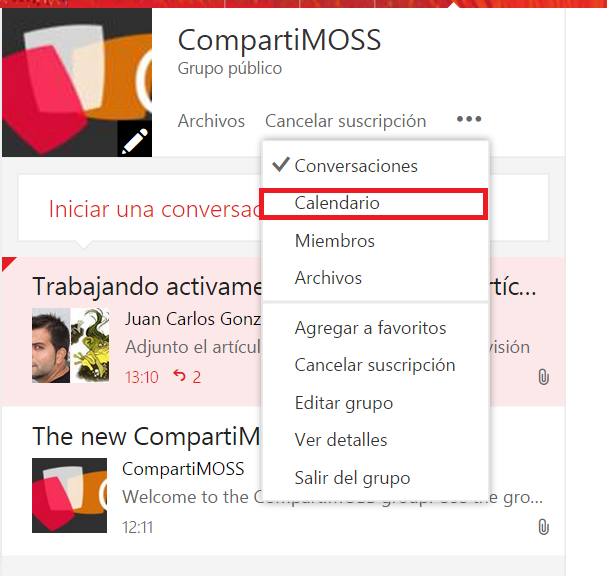 Imagen 7.- Acceso al calendario del Grupo
