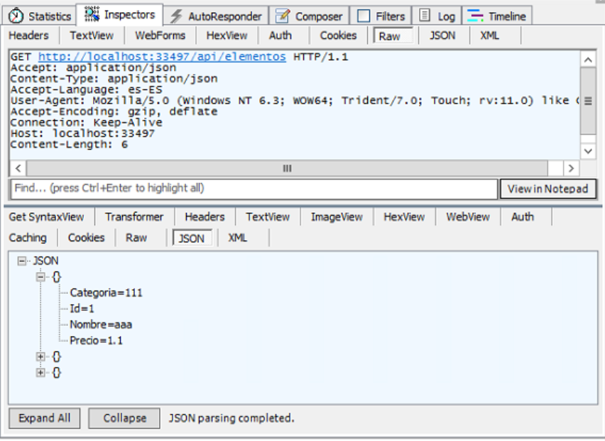 Imagen 7.- Respuesta del servicio REST utilizando Fiddler.