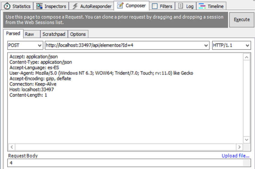 Imagen 8.- Consulta POST al servicio REST utilizando Fiddler.