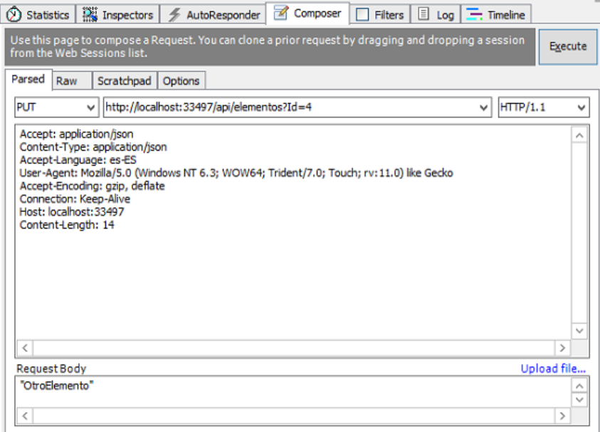 Imagen 9.- Consulta para modificar un elemento utilizando Fiddler.
