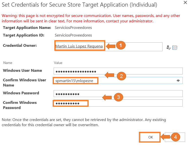 Imagen 11.- Muestra el formulario para asignar las credenciales en el almacén seguro.