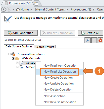 Imagen 17.- Muestra las operaciones de los métodos web (New Read List Operation).