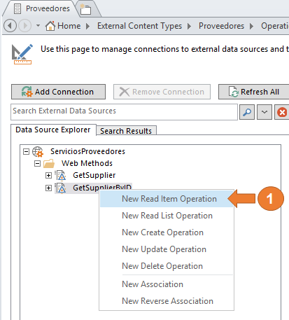 Imagen 21.- Muestra las operaciones de los métodos web (New Read Item Operation).