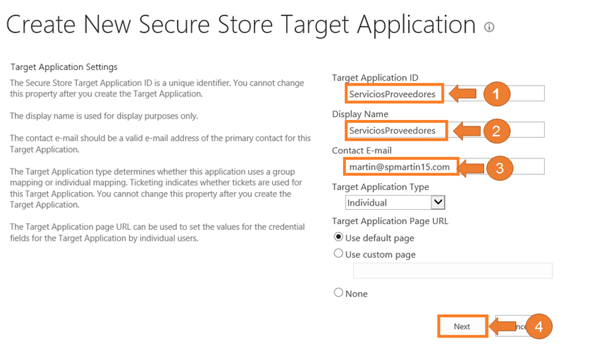 Imagen 7.- Muestra el primer formulario para crear una aplicación de destino.