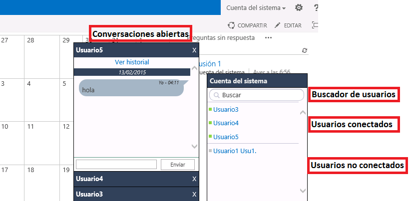 Imagen 2.- Ejemplo de visualización del chat en SharePoint.