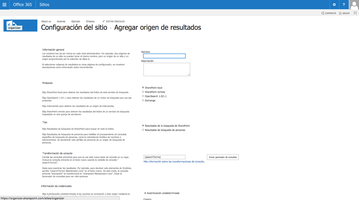 Creación del origen de resultados