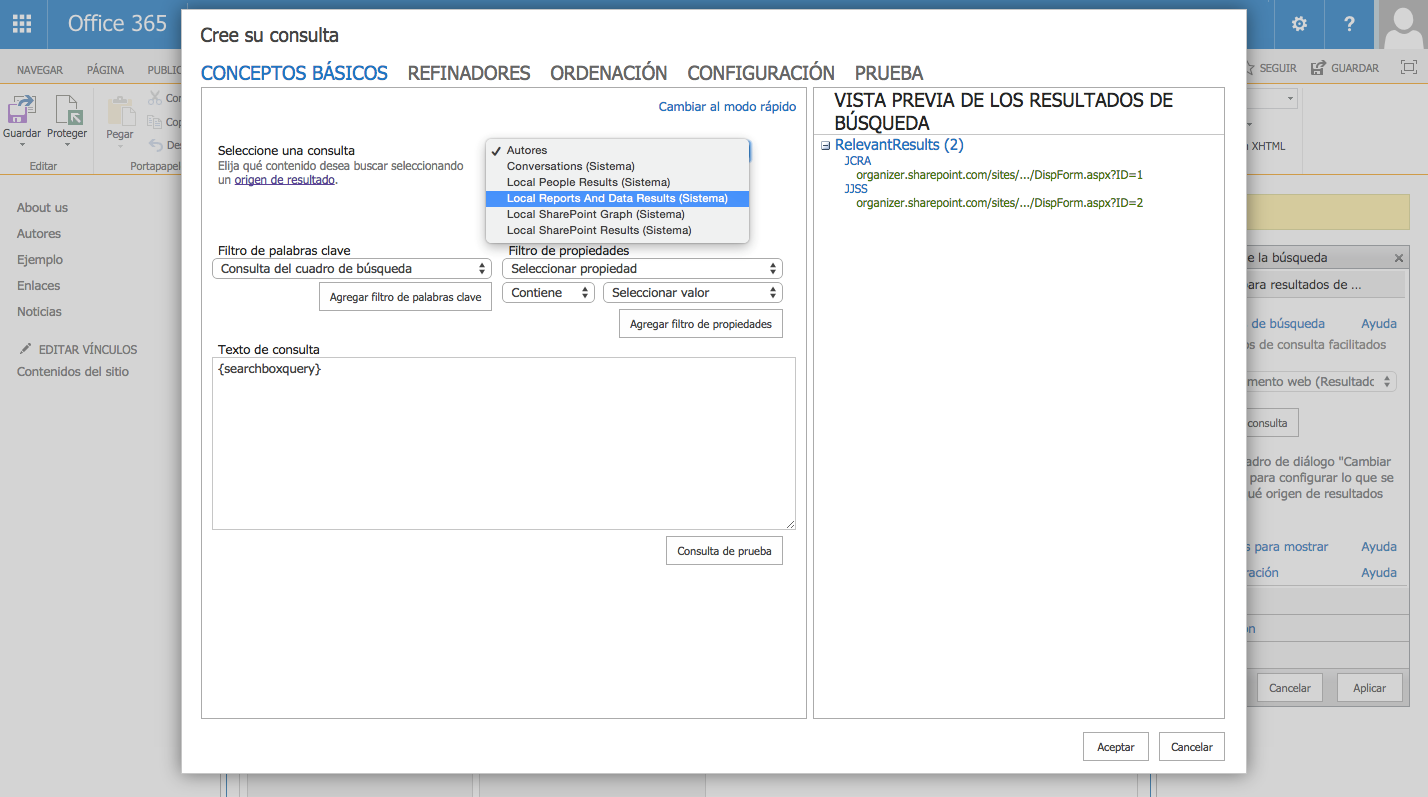 Imagen 7.- Pantalla de configuración de la consulta del Content Search WebPart.