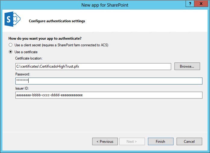 Imagen 4.- Diciendo a Visual Studio que cree una app High-Trust.