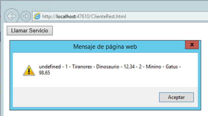 Imagen 4.- Aplicación Web (HTML) llamando el Servicio REST.