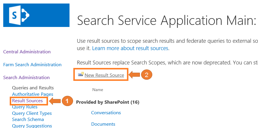 Imagen 12.- Muestra la página de gestión de orígenes de resultado de nuestro servicio de aplicaciones de búsqueda.