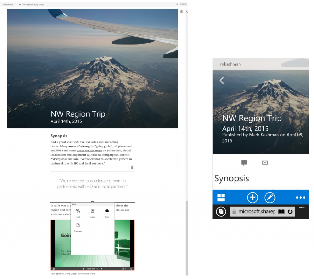 Imagen 4.- Creación de un post (sencillo y rápido) desde Delve con microsites. Mobile friendly.