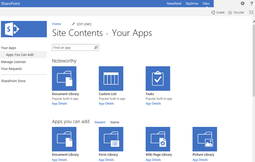Imagen 2.- Página de Contenidos del Sitio en un sitio de SharePoint.