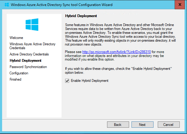 Imagen 10.- Configuraciones “Hybrid Deployment” y “Passwod Synchronization”.