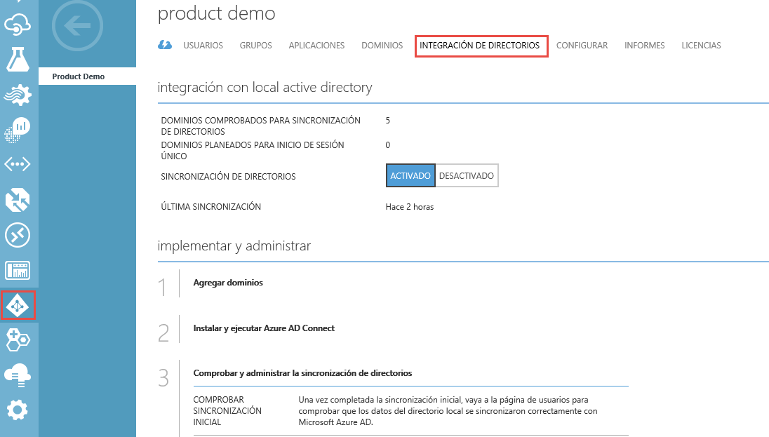 Imagen 2.- Pestaña INTEGRACIÓN DE DIRECTORIOS en Azure AD.