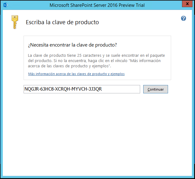 Imagen 2.- Especificando la clave de producto para SharePoint Server 2016.