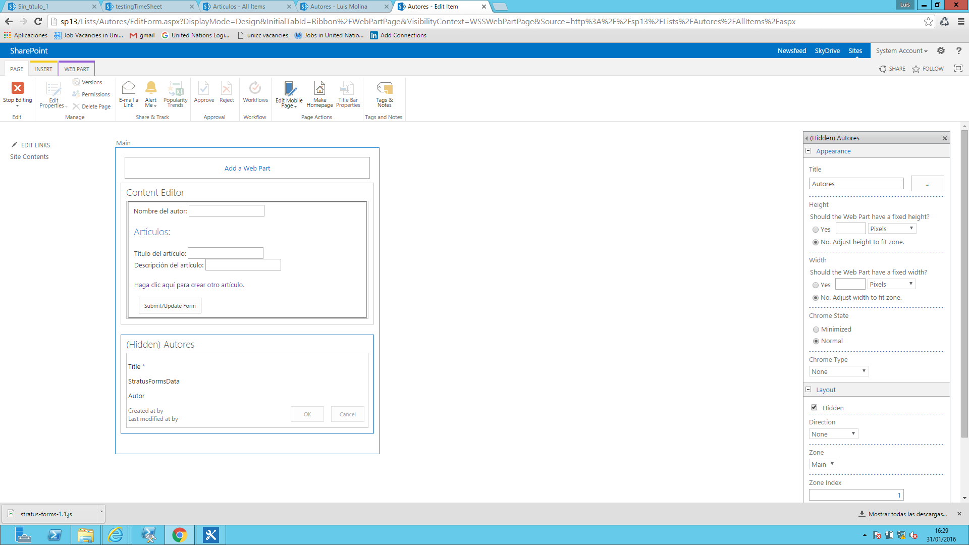 Imagen 2.- Ocultando el Web Part original del formulario.